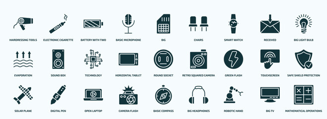 flat filled technology icons set. glyph icons such as hairdressing tools, basic microphone, smart watch, evaporation, horizontal tablet, green flash, solar plane, camera flash, robotic hand, big tv