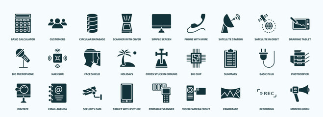 flat filled technology icons set. glyph icons such as basic calculator, scanner with cover, satellite station, big microphone, holidays, summary, digitate, tablet with picture, panoramic, recording