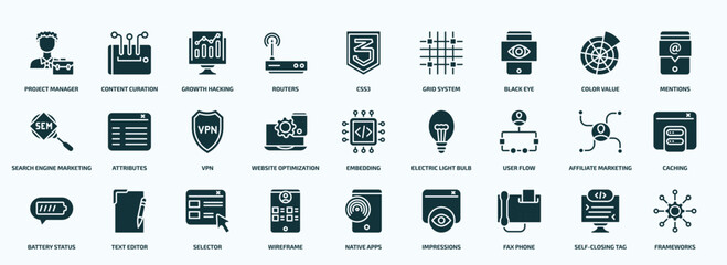 flat filled technology icons set. glyph icons such as project manager, routers, black eye, search engine marketing, website optimization, user flow, battery status, wireframe, fax phone,