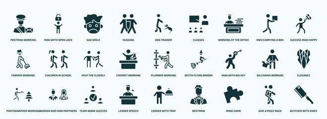 flat filled people icons set. glyph icons such as postman working, hugging, working at the office, farmer working, chemist man with big key, photographer leader speech, mind game, give a piggy back