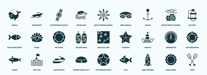 flat filled nautical icons set. glyph icons such as whale, cruise ship, sailor, fish facing right, oxygen tank, frigate, shark, prawn facing left, one suroard, sun shining icons.
