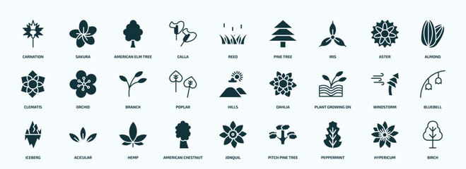 flat filled nature icons set. glyph icons such as carnation, calla, iris, clematis, poplar, plant growing on book, iceberg, american chestnut tree, peppermint, hypericum icons.