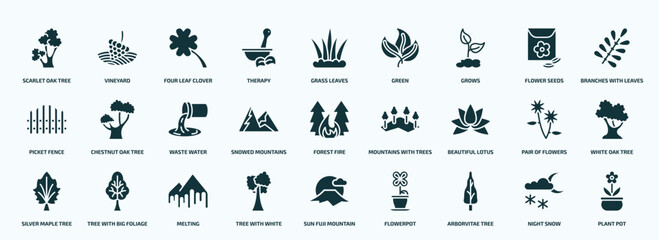 flat filled nature icons set. glyph icons such as scarlet oak tree, therapy, grows, picket fence, snowed mountains, beautiful lotus flower, silver maple tree, tree with white foliage, arborvitae