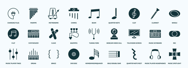 flat filled music and media icons set. glyph icons such as charging plug, chimes, clef, flat, bagpipes, television screen off, music player tings, dvd disc, quarter note rest, music player
