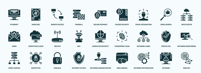 flat filled internet security icons set. glyph icons such as ethernet, firewall, facial recognition, spam, bot, network cubes, proxy server, internet attack, network optimization, spyware icons.