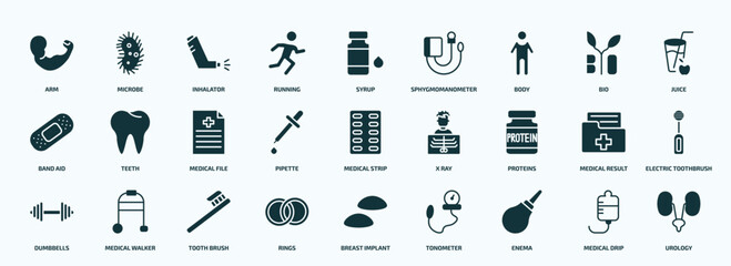 flat filled health and medical icons set. glyph icons such as arm, running, body, band aid, pipette, proteins, dumbbells, rings, enema, medical drip icons.