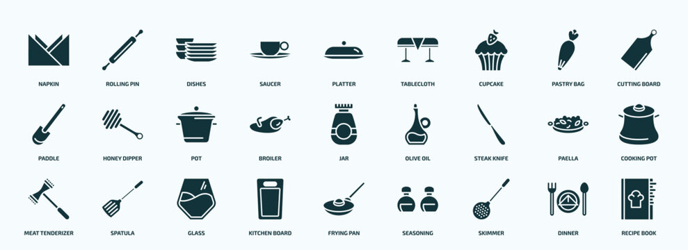 flat filled kitchen icons set. glyph icons such as napkin, saucer, cupcake, paddle, broiler, steak knife, meat tenderizer, kitchen board, skimmer, dinner icons.