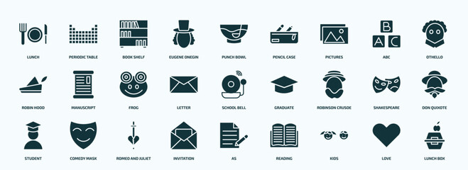 flat filled education icons set. glyph icons such as lunch, eugene onegin, pictures, robin hood, letter, robinson crusoe, student, invitation, kids, love icons. - obrazy, fototapety, plakaty