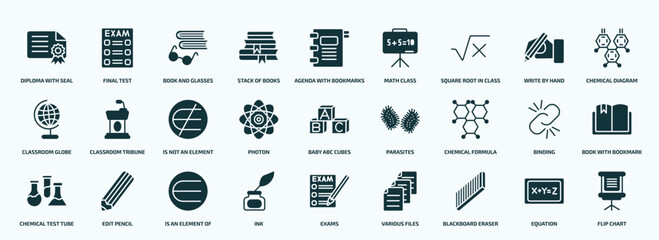flat filled education icons set. glyph icons such as diploma with seal, stack of books, square root in class, classroom globe, photon, chemical formula, chemical test tube, ink, blackboard eraser,