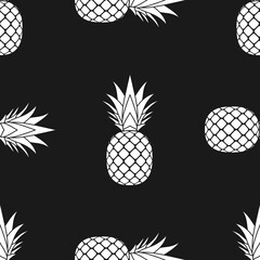 Obraz premium Pineapple seamless pattern. White tropical fruits textile texture on black background. Food print, fabric wrapping decorative backdrop. Typography graphic. Repeat design element. Vector illustration