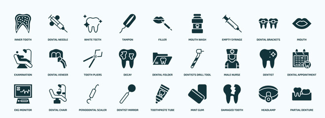 flat filled dentist icons set. glyph icons such as inner tooth, tampon, empty syringe, examination, decay, male nurse, ekg monitor, dentist mirror, damaged tooth, headlamp icons.