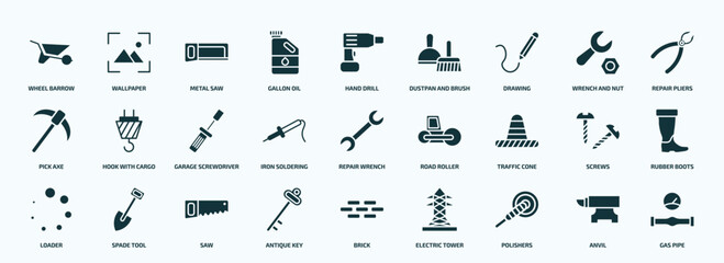flat filled construction tools icons set. glyph icons such as wheel barrow, gallon oil, drawing, pick axe, iron soldering, traffic cone, loader, antique key, polishers, anvil icons. - obrazy, fototapety, plakaty
