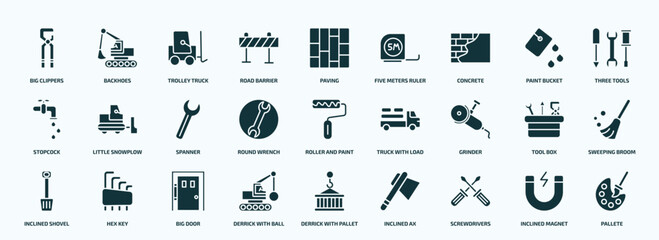flat filled construction icons set. glyph icons such as big clippers, road barrier, concrete, stopcock, round wrench, grinder, inclined shovel, derrick with ball, screwdrivers, inclined magnet
