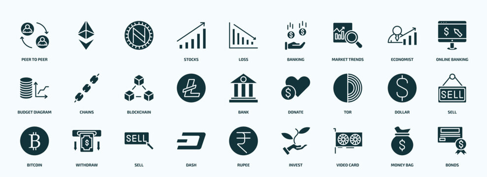 flat filled cryptocurrency icons set. glyph icons such as peer to peer, stocks, market trends, budget diagram, , tor, bitcoin, dash, video card, money bag icons.