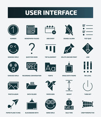 set of 25 filled user interface icons. flat filled icons such as number, newspaper folded, test quiz, top alignment, shocked smile, image with frame, data folder, turn off, nerd smile, sale time