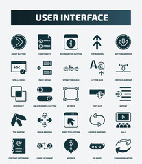 set of 25 filled user interface icons. flat filled icons such as right button, confirmity, bottom arrows, strikethrough, intersect, text out, move arrows, hall, answer, 3d bars icons.