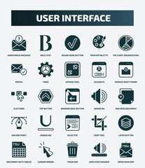 set of 25 filled user interface icons. flat filled icons such as anonymous message, bold text, pie chart organization, expand tool, elections, sound on, underline, layer button, trash bin, amplified