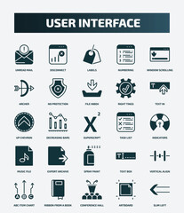 set of 25 filled user interface icons. flat filled icons such as unread mail, disconnect, window scrolling right, file inbox, up chevron, task list, export archive, vertical align, conference hall,