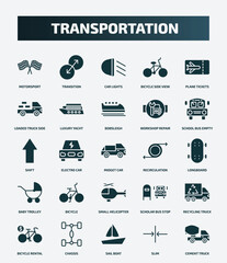 set of 25 filled transportation icons. flat filled icons such as motorsport, transition, plane tickets, bobsleigh, shift, recirculation, bicycle, recycling truck, sail boat, slim icons. © Farahim