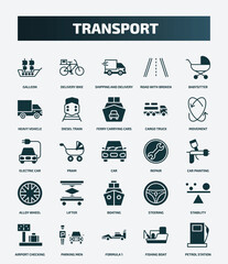 set of 25 filled transport icons. flat filled icons such as galleon, delivery bike, babysitter, ferry carrying cars, electric car, repair, lifter, stability, formula 1, fishing boat icons.