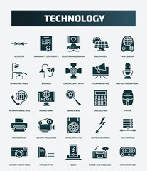 set of 25 filled technology icons. flat filled icons such as resistor, warranty certificate, air cooler, cinema light with cable, international call, calculation, cinema projector, file storage,