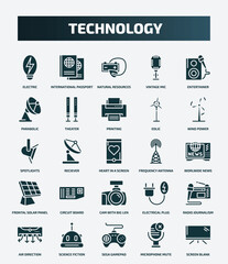 set of 25 filled technology icons. flat filled icons such as electric, international passport, entertainer, printing, spotlights, frequency antenna, circuit board, radio journalism, sega gamepad,