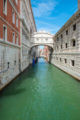 Bridge of Sighs over Rio Di Palazzo canal, romantic waterway for gondolas, Venice, Italy.