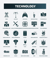 set of 25 filled technology icons. flat filled icons such as media, lamp post, tv and satellite, computer microprocessor, news via satellite, video camera side view, bulb, navigation compass,