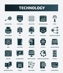 set of 25 filled technology icons. flat filled icons such as user research, impressions, reach, virtual hine, bugs, black eye, microblogging, touristic, social graph, firewalls icons.