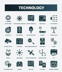 set of 25 filled technology icons. flat filled icons such as colory theory, multichannel marketing, type hierarchy, electric light bulb, internet traffic, wireframe, frameworks, sdk, selector, a/b - obrazy, fototapety, plakaty