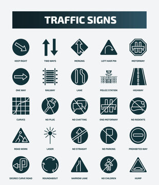 set of 25 filled traffic signs icons. flat filled icons such as keep right, two ways, motorway, lane, curves, end motorway, laser, prohibited way, narrow lane, no children icons.