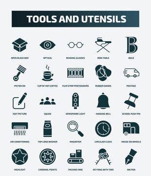 set of 25 filled tools and utensils icons. flat filled icons such as open black box, optical, bold, film strip photograms, edit picture, hanging bell, top load washer, house on wheels, packing hine,