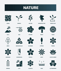 set of 25 filled nature icons. flat filled icons such as zinnia, branch, grow plant, petunia, birch, cypress, lemongrass, lotus flower, clematis, reed icons.