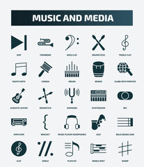 set of 25 filled music and media icons. flat filled icons such as skip, trombone, treble clef, organ, acoustic guitar, synthesizer, bracket, bold double bar line, playlist, whole rest icons.