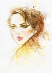 Foto op Canvas woman portrait. watercolor painting. beauty fashion background © Anna Ismagilova