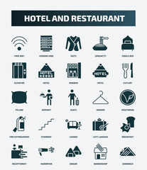 set of 25 filled hotel and restaurant icons. flat filled icons such as free wifi, vending hine, single bed, minibar, pillow, hanger, stairway, breakfast, onigiri, barbershop icons.