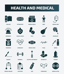 set of 25 filled health and medical icons. flat filled icons such as yoga mat, optometrist, medical drip, pills, poisonous, pulse, dumbbell, condom, gum, gynecology icons.