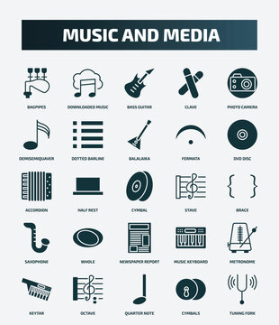 set of 25 filled music and media icons. flat filled icons such as bagpipes, downloaded music cloud, photo camera, balalaika, accordion, stave, whole, metronome, quarter note, cymbals icons.
