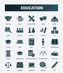 set of 25 filled education icons. flat filled icons such as punch bowl, thesis, opened, chemistry, scholar, watch, graduation cap, pencil case, chalkboard, browsing icons.