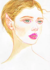 Kussenhoes woman portrait. watercolor painting. beauty fashion background © Anna Ismagilova