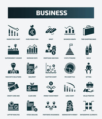set of 25 filled business icons. flat filled icons such as marketing chart, euro money bag, two shopping bags, mortgage and man, man with solutions, pie chart file, club card, value pointer,