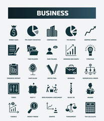 set of 25 filled business icons. flat filled icons such as money sack, pie chart statistics, graphic arrow, man talking, progress report, business, post it, reader, graphs, punishment icons.