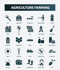 set of 25 filled agriculture farming icons. flat filled icons such as roak, farm house, milk jar, bale, insecticide, fruit, pitchfork, straw bale, farmer boots, chicken coop icons. - obrazy, fototapety, plakaty