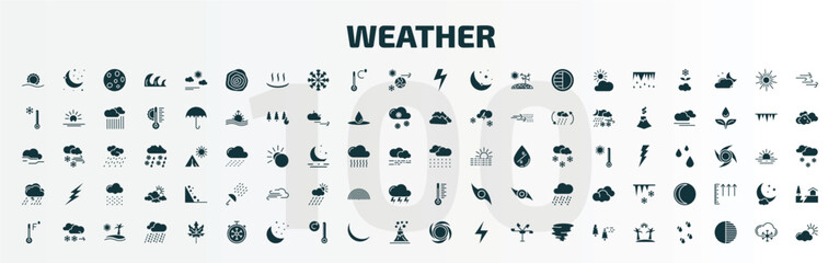set of 100 weather filled icons set. flat icons such as haze, isobars, bolt, rainfall, thunderstorm, thermometer, farenheit, freezing, hurricane, summer glyph icons. - obrazy, fototapety, plakaty