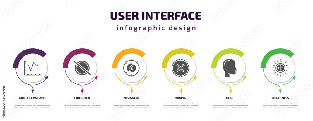 Poster user interface infographic template with icons and 6 step or option. user interface icons such as mu
