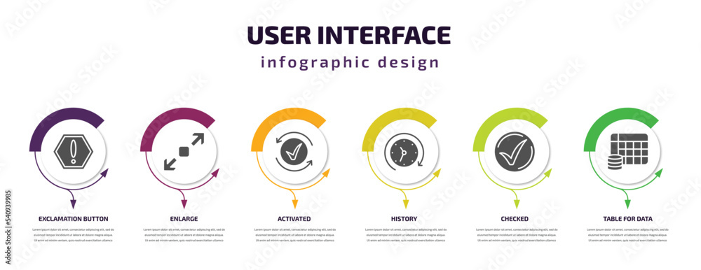 Poster user interface infographic template with icons and 6 step or option. user interface icons such as ex