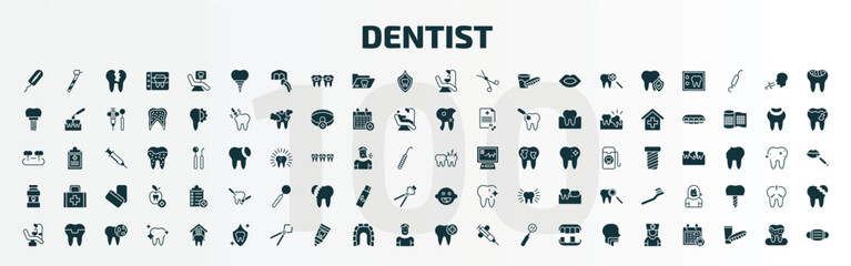 set of 100 dentist filled icons set. flat icons such as tampon, dental prosthesis, dentist chair, toothache, mouth wash, baby dental, dental chair, protection, healthy tooth, male nurse glyph