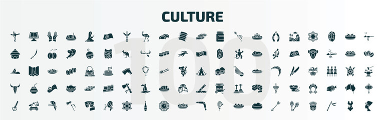 set of 100 culture filled icons set. flat icons such as capoeira brazil dancers, portuguese, turron, native american wigwam, skull of a bull, spring rolls, kora, native american drum, australian
