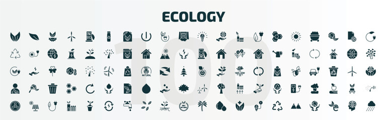 set of 100 ecology filled icons set. flat icons such as two leaves, recycled bottle, eco bulb, half, eco volunteer, eco turbine, nuclear energy, renewable energy, coconut tree, snowy mountains
