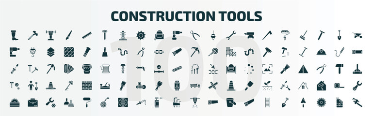 set of 100 construction tools filled icons set. flat icons such as rubber boots, boning rod, plier, improvement, nuts and bolts, dumper, carpenter cutter, measuring wheel, jackhammer, spade tool